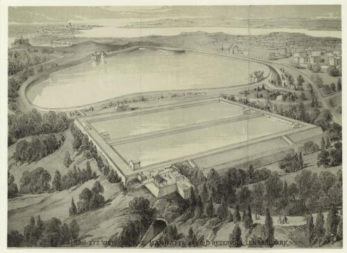 An engraving showing two reservoirs, the southern one occupying what is now the Great Lawn