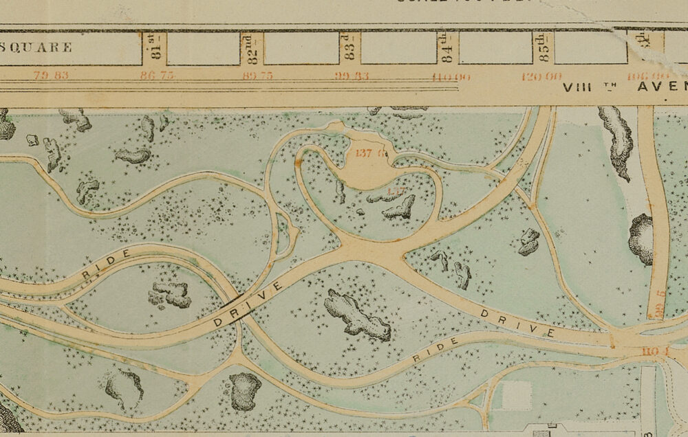 The map shows park drives winding around rock outcroppings