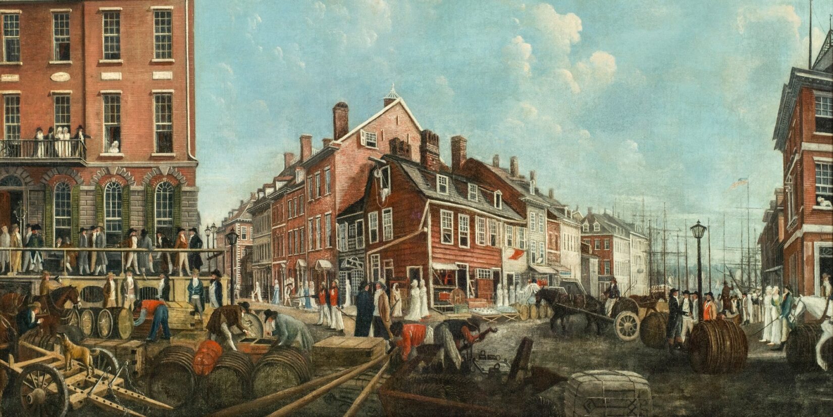 The painting shows a bustling intersection of late 18th-century New York.