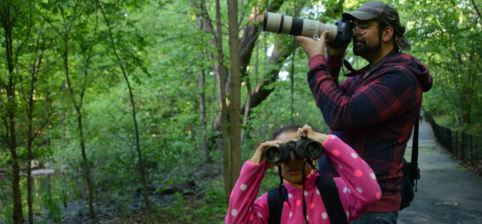 A man and young girl hold binoculars up to their faces in search of birds in the Ravine, a wooded landscape behind them.