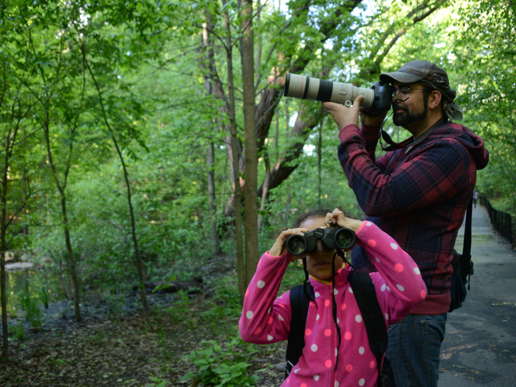 A man and young girl hold binoculars up to their faces in search of birds in the Ravine, a wooded landscape behind them.