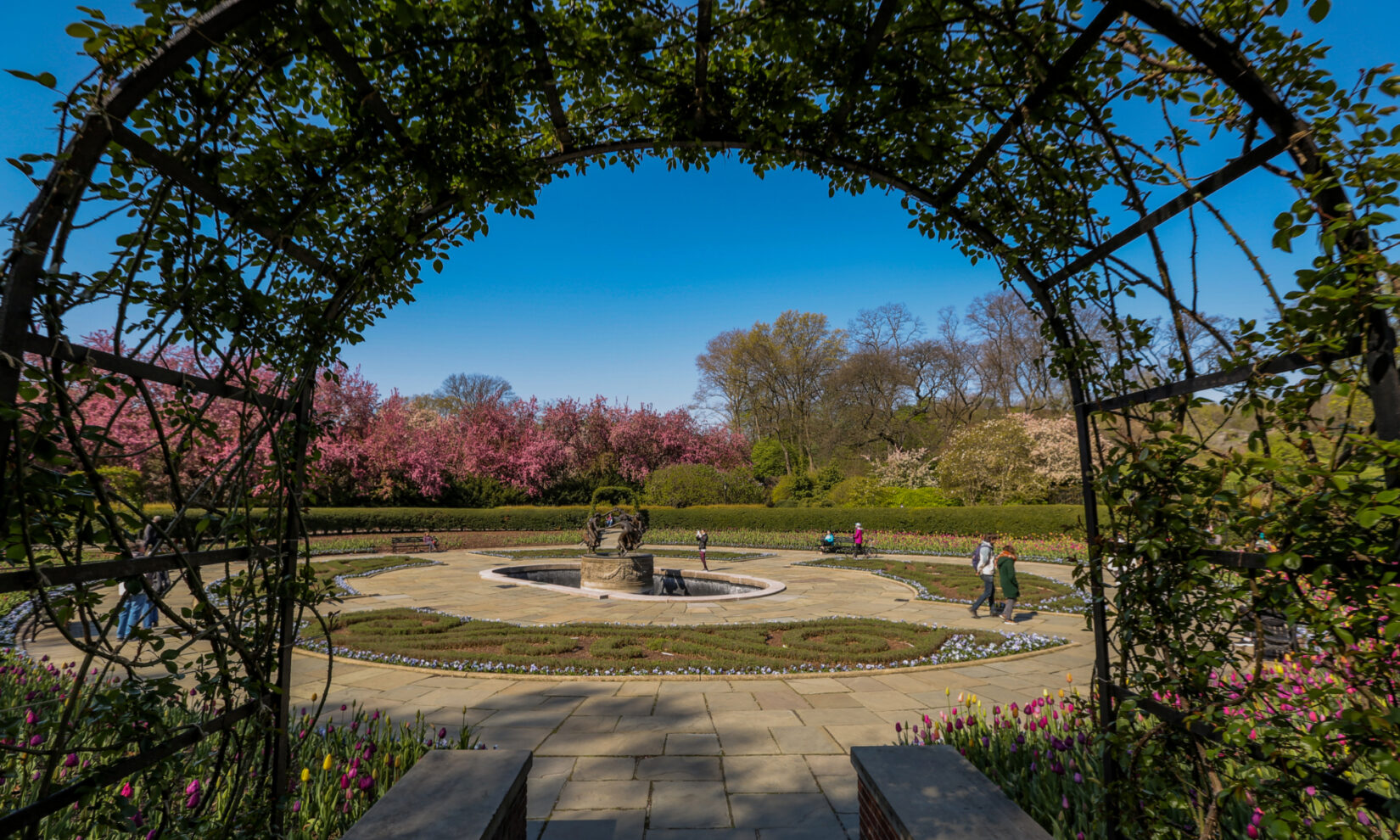 A view of the Garden seen through the arch of the pergola.