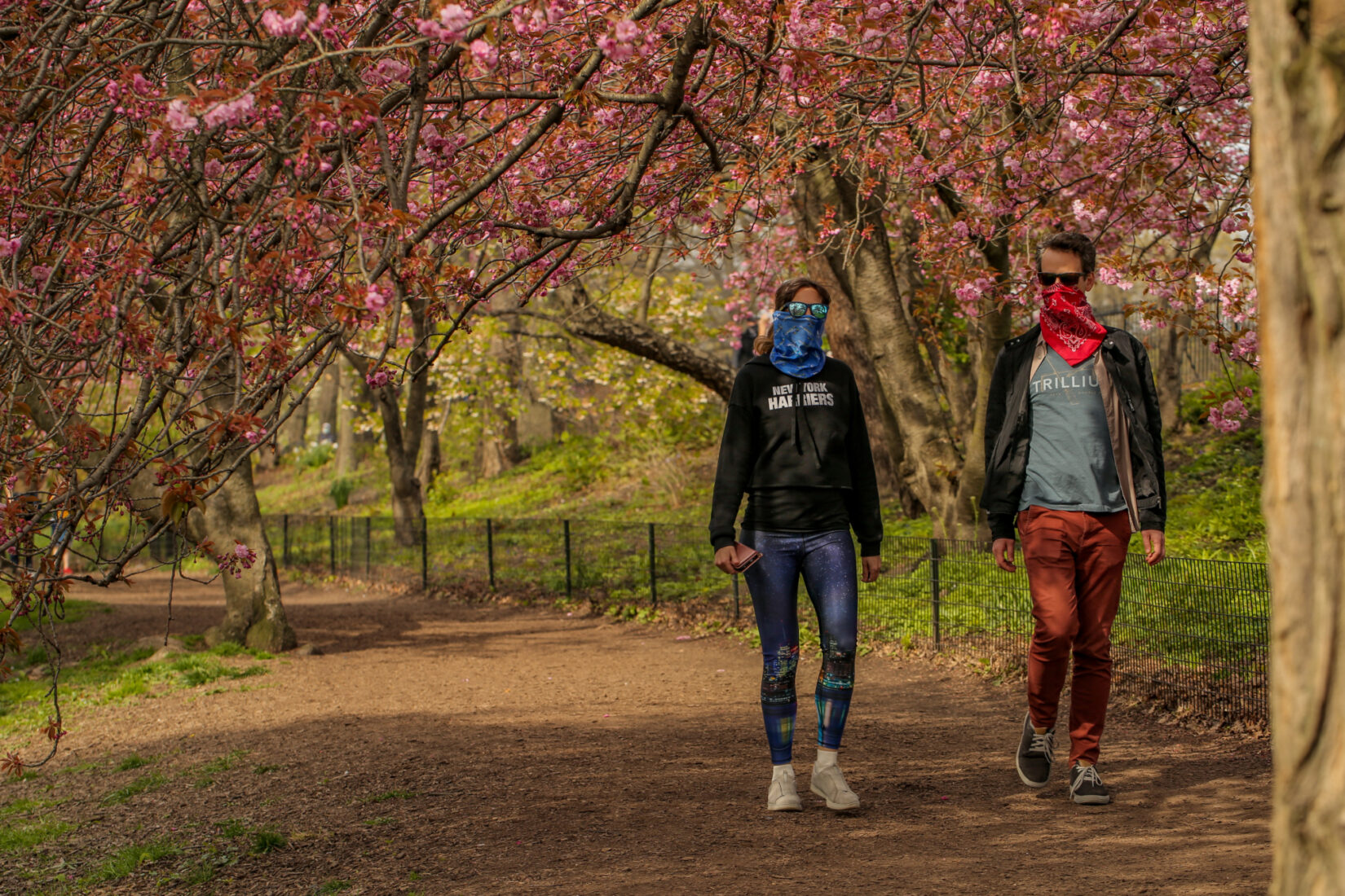 Park-goers, masked, alone on a stroll