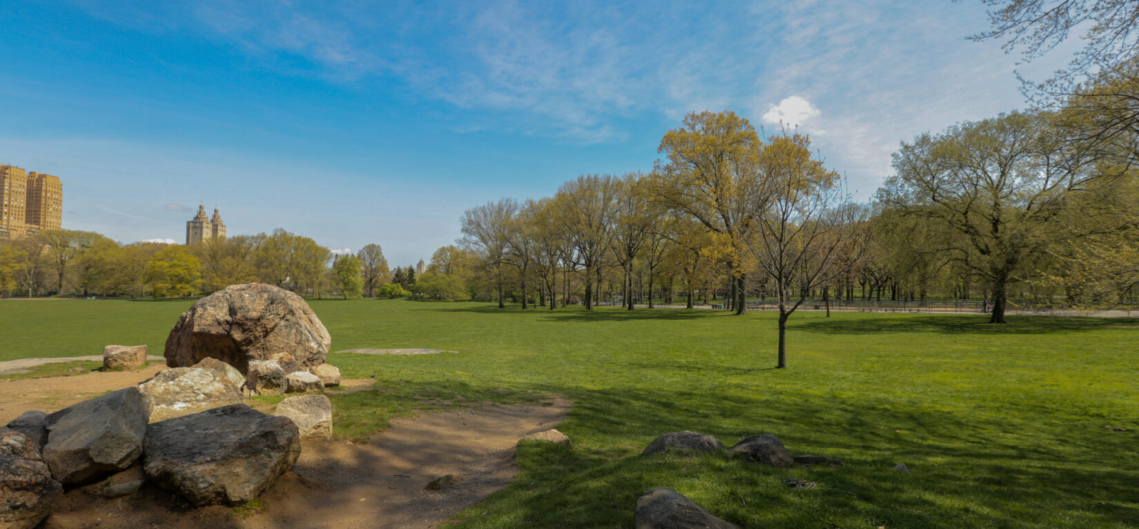 A view of an empty Sheep Meadow, shot in spring.