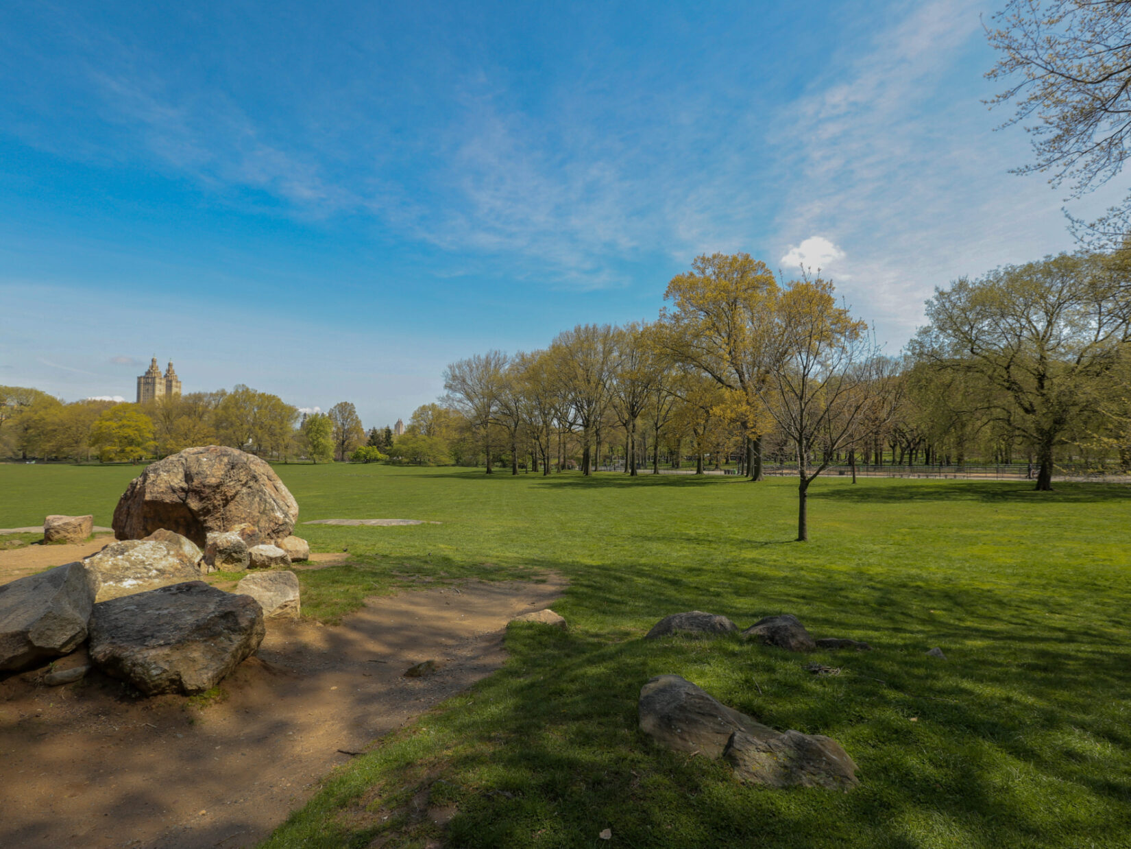 A view of an empty Sheep Meadow, shot in spring.