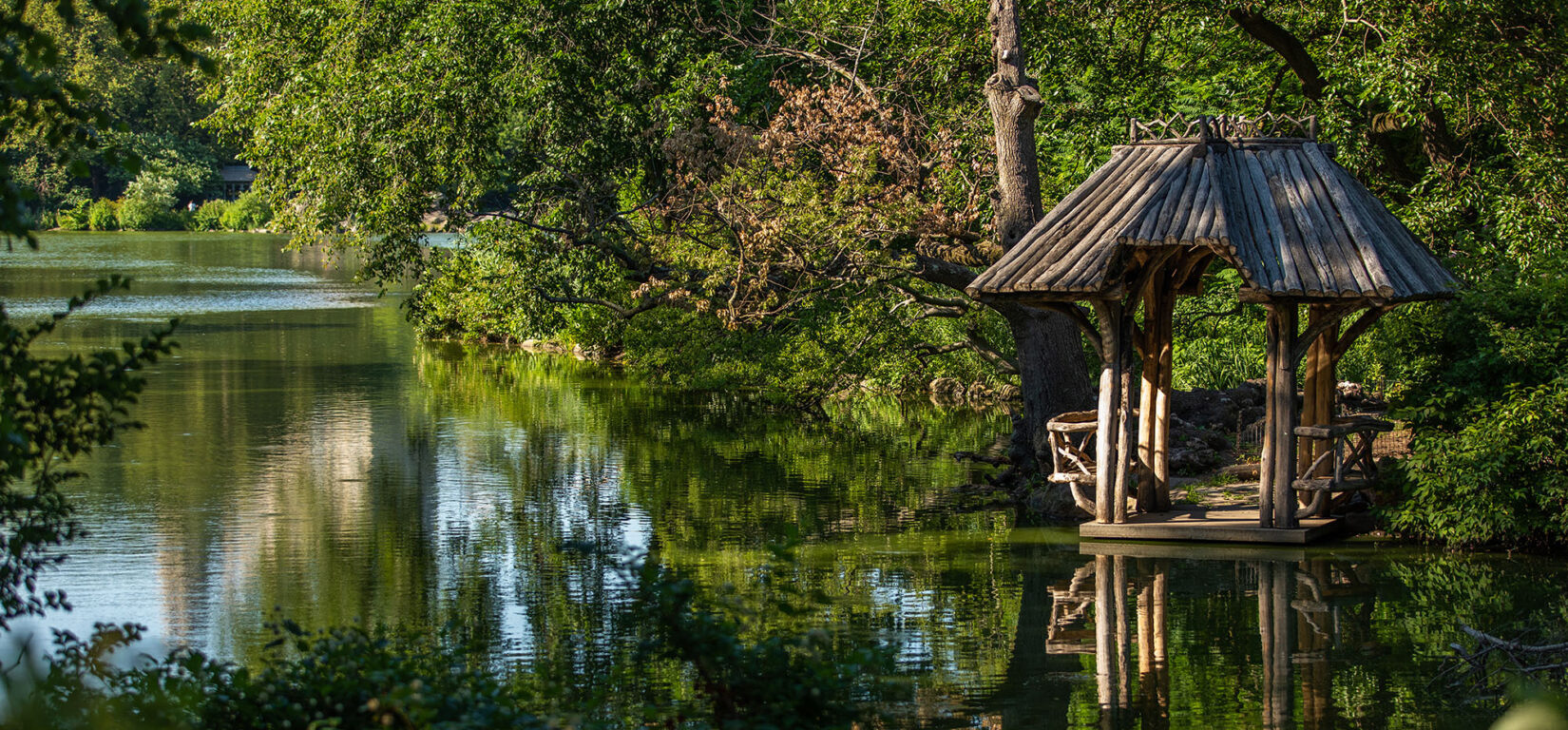 Wagner Cove reflected in the still waters of the Lake, the boat landing dappled in sunlight.