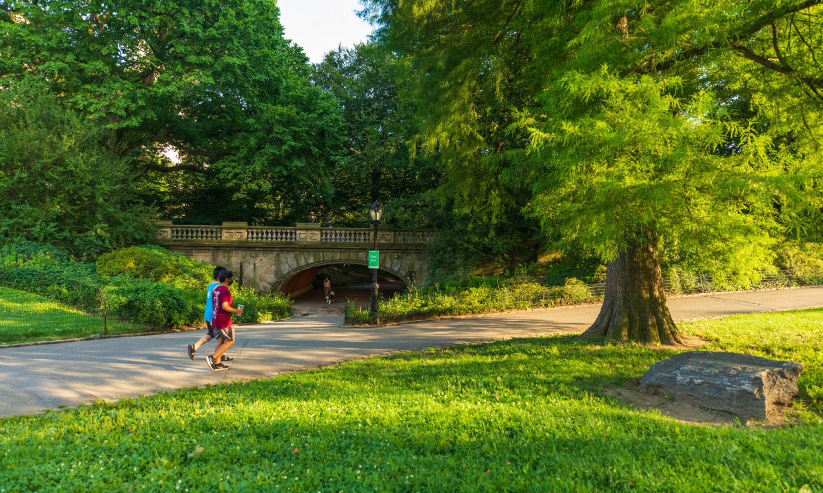 The arch is embedded in a lush green landscape, with a path in the foreground