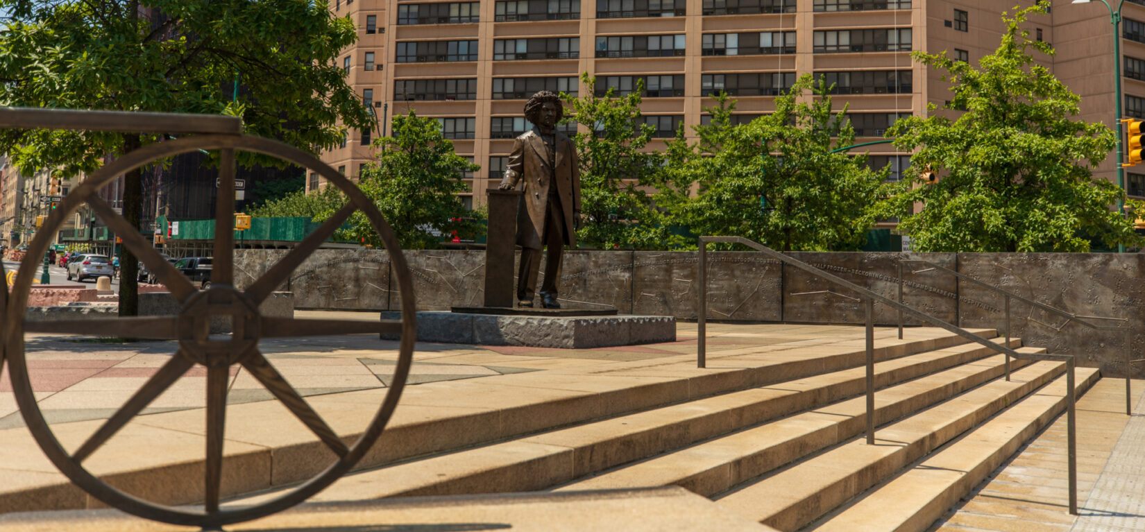 A view of Frederick Douglass Circle, with the statue of Douglass at the center