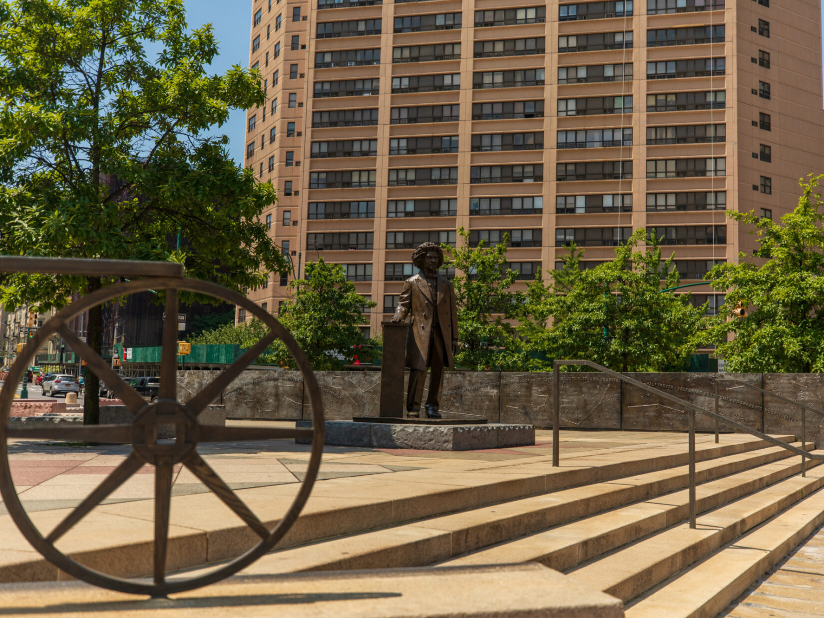 A view of Frederick Douglass Circle, with the statue of Douglass at the center