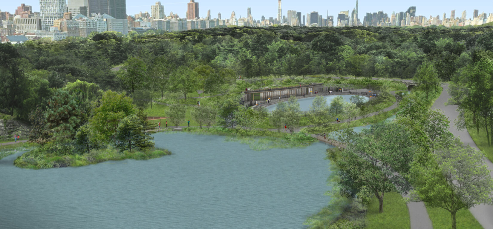 A birds-eye rendering of the restored Harlem Meer, featuring improvements to Lasker Rink and Pool