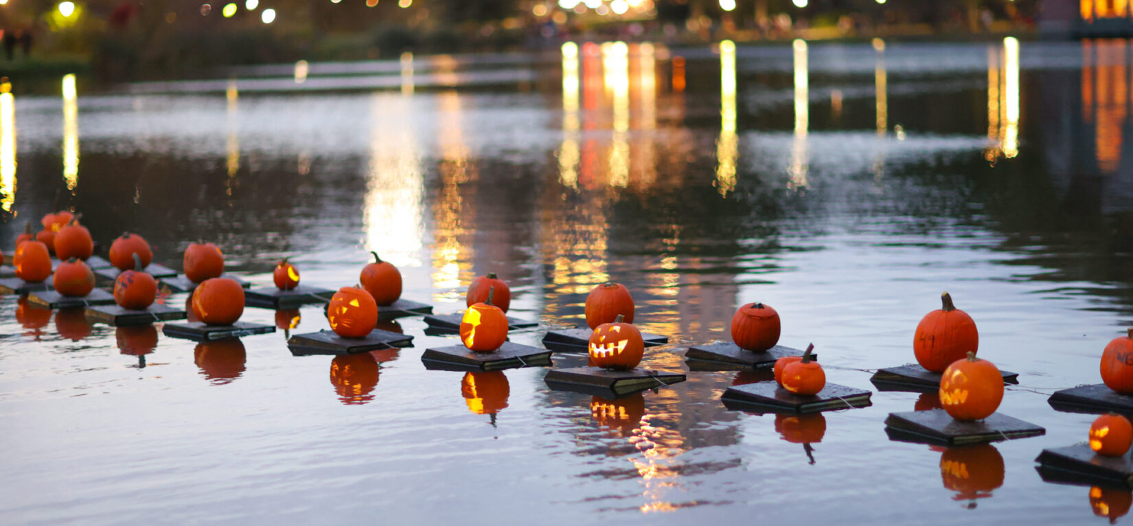 Jack-o'-lanterns floating on the waters of the Harlem Meer at dusk.