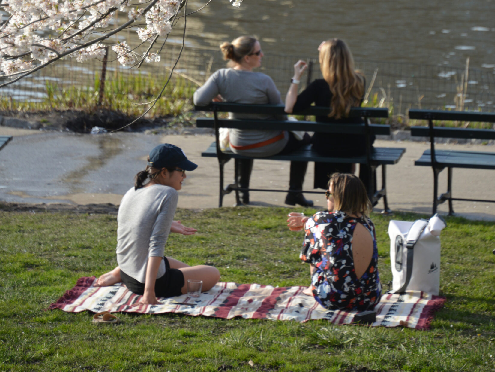 Two people sit on a blanket with a picnic beside them