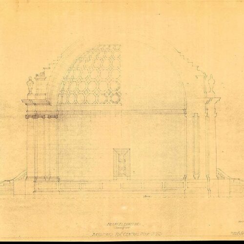 The drawing is yellowed with age and parts of the architectural drawing is faint