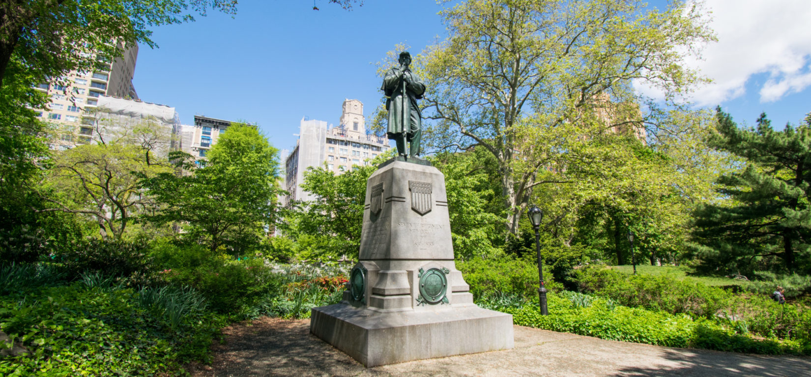 A vew of the 7th Regiment Memorial amid the greenery of early spring