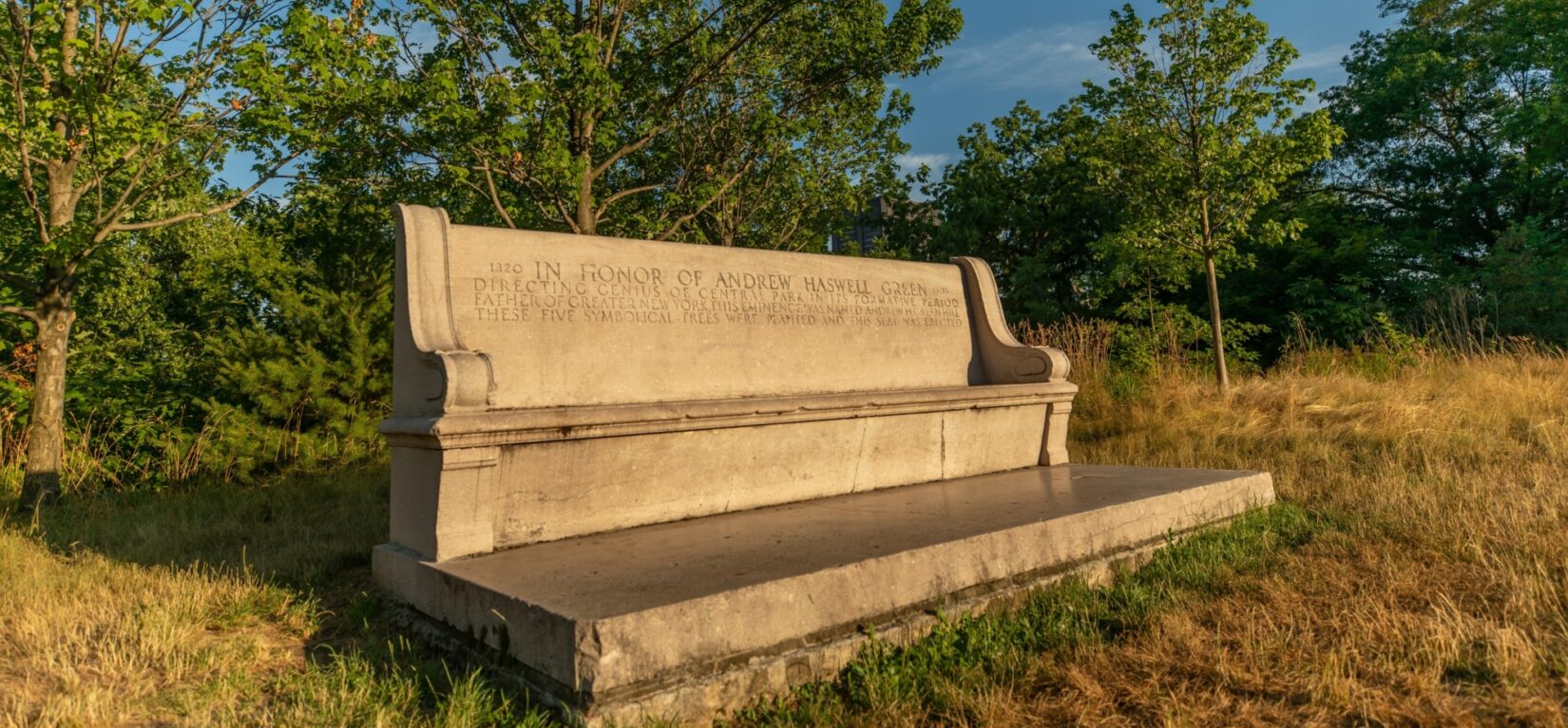 The bench pictured on a late summer evening