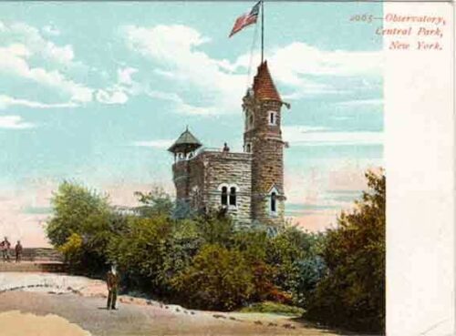 An antique postcard of Belvedere Castle, with a man in a bowler hat in the foreground.