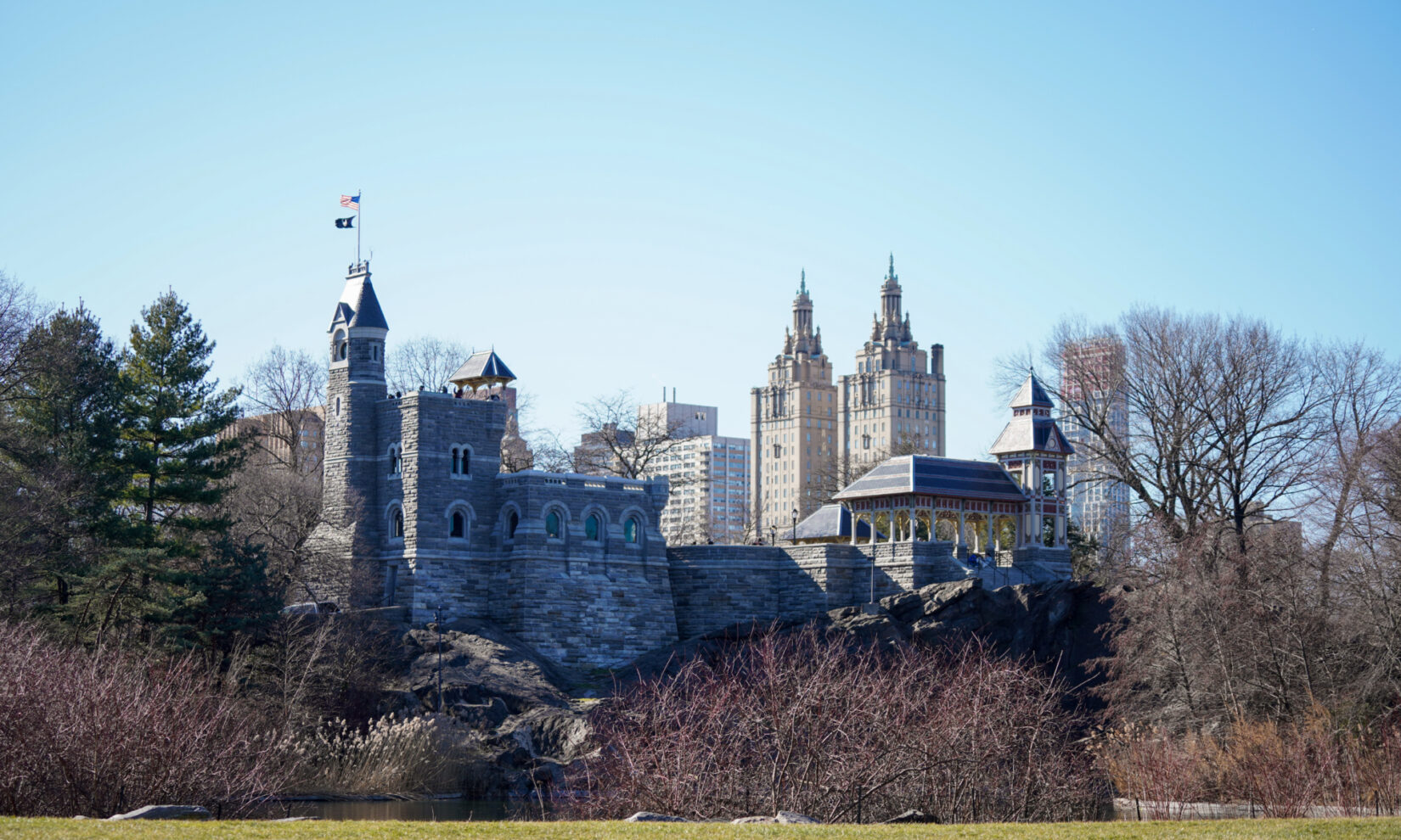 The Castle seen from the far bank of Turtle Pond on a cloudless winter day.