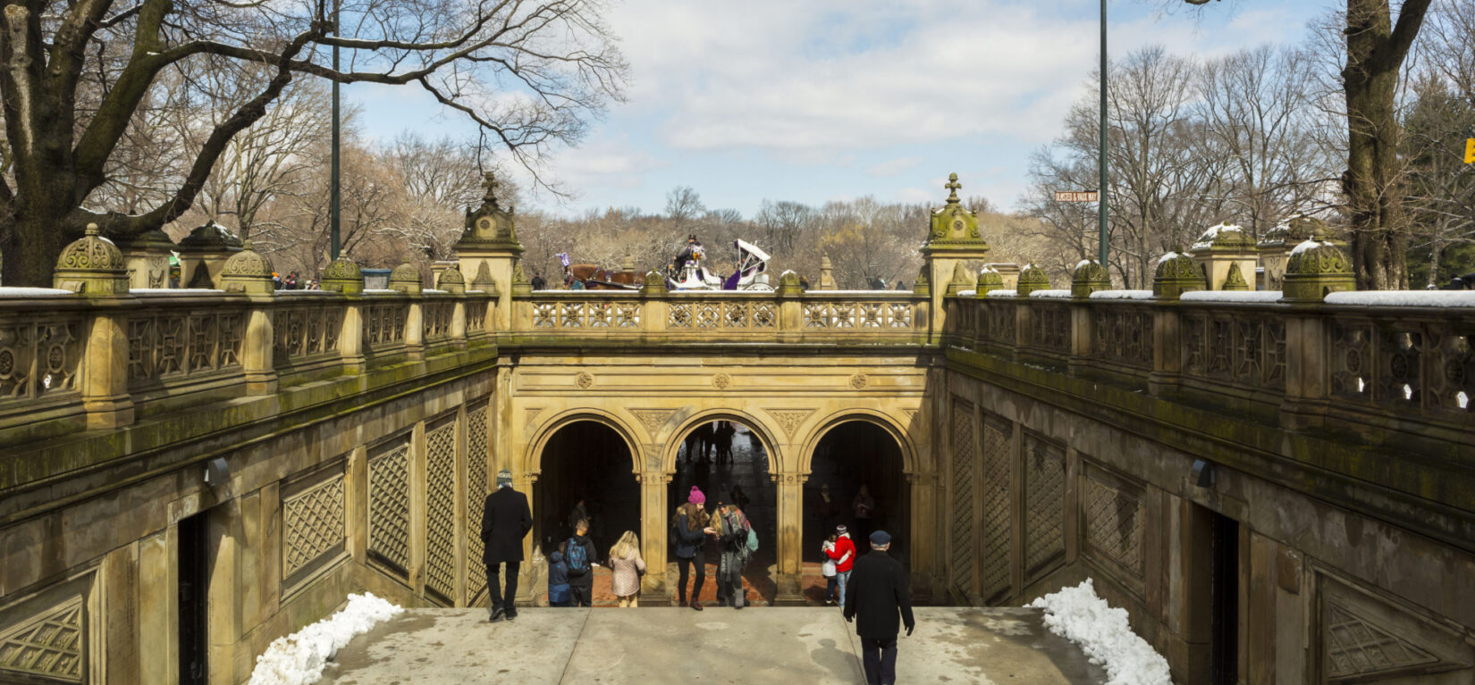 Looking north at a roadway with Bethesda Arcade below and a horse carraige crossing above