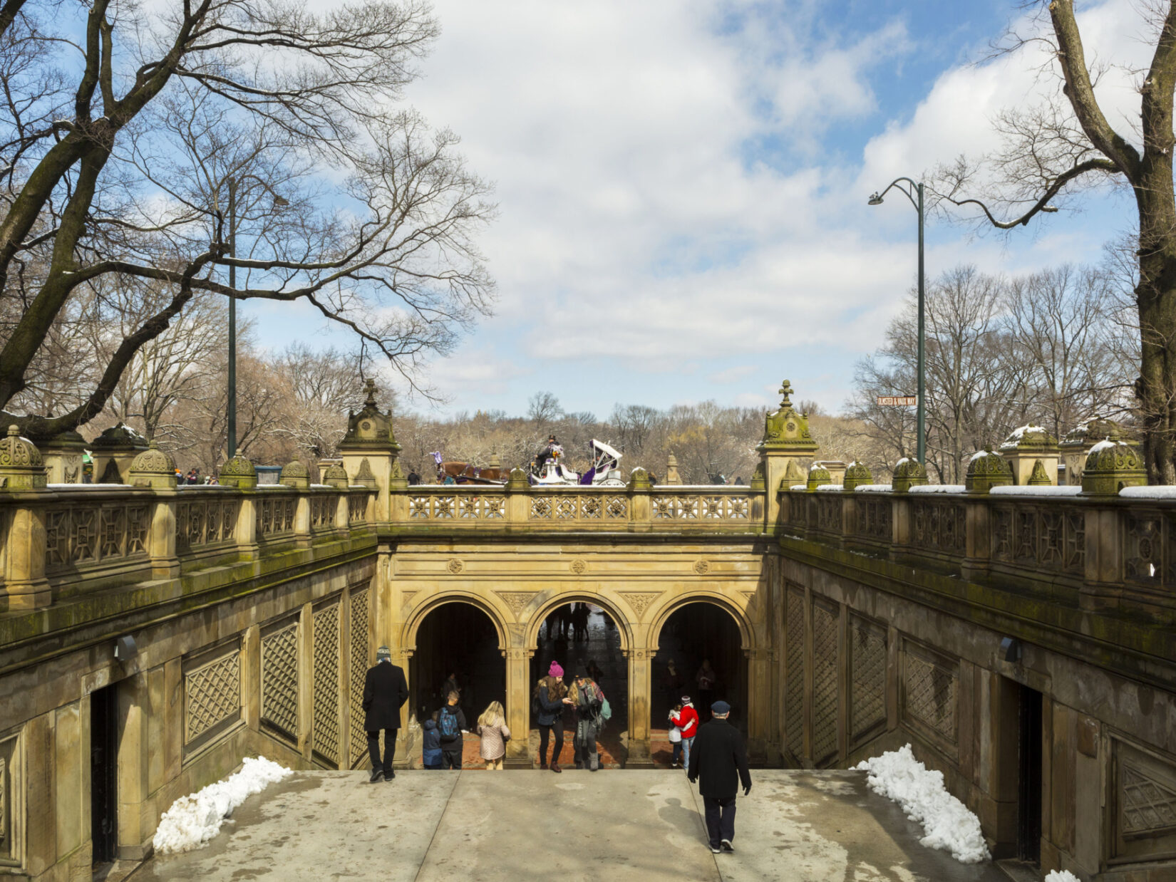 Looking north at a roadway with Bethesda Arcade below and a horse carraige crossing above