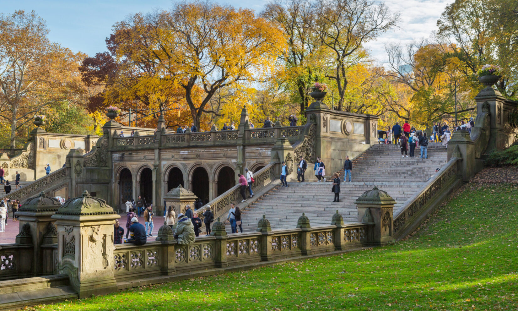 The steps of Bethesda Terrace framed by fall foliage