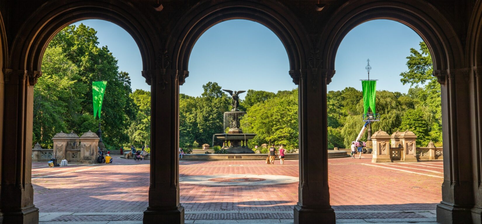 Bethesda Terrace framed in 3 arches looking out from the Arcade