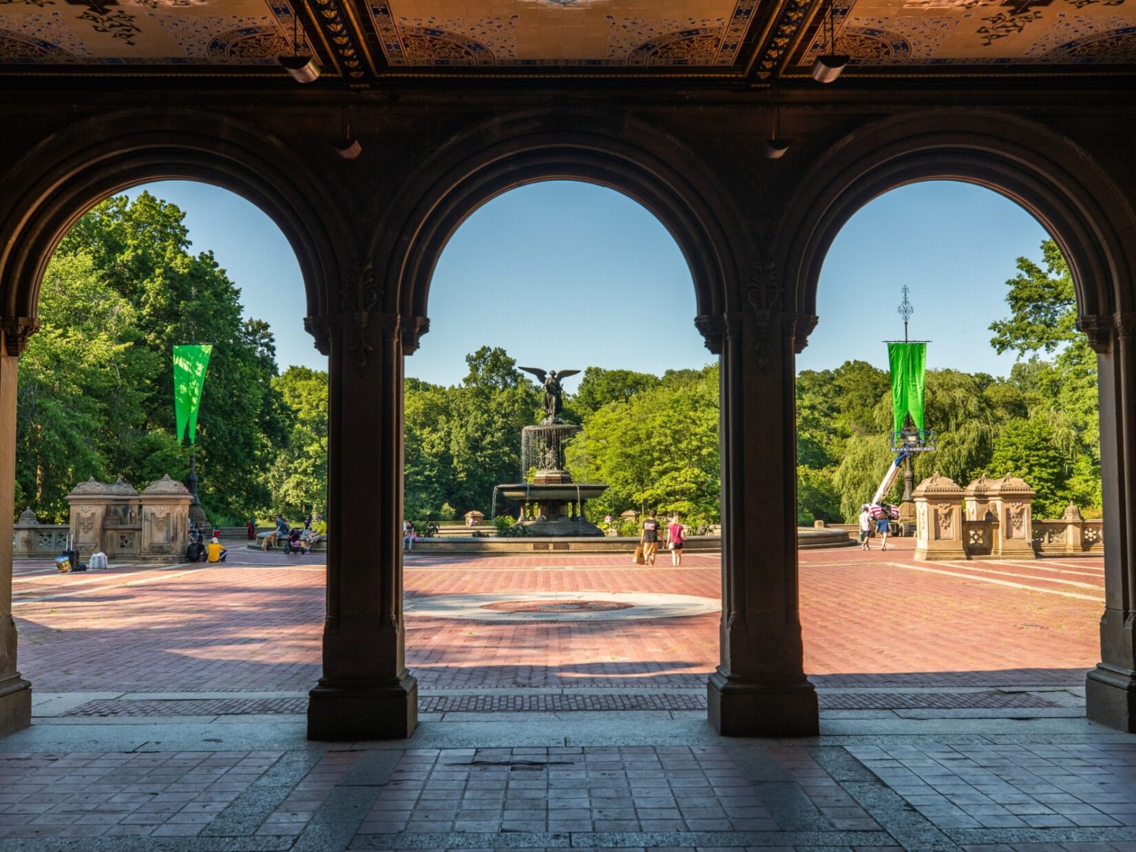 Bethesda Terrace framed in 3 arches looking out from the Arcade