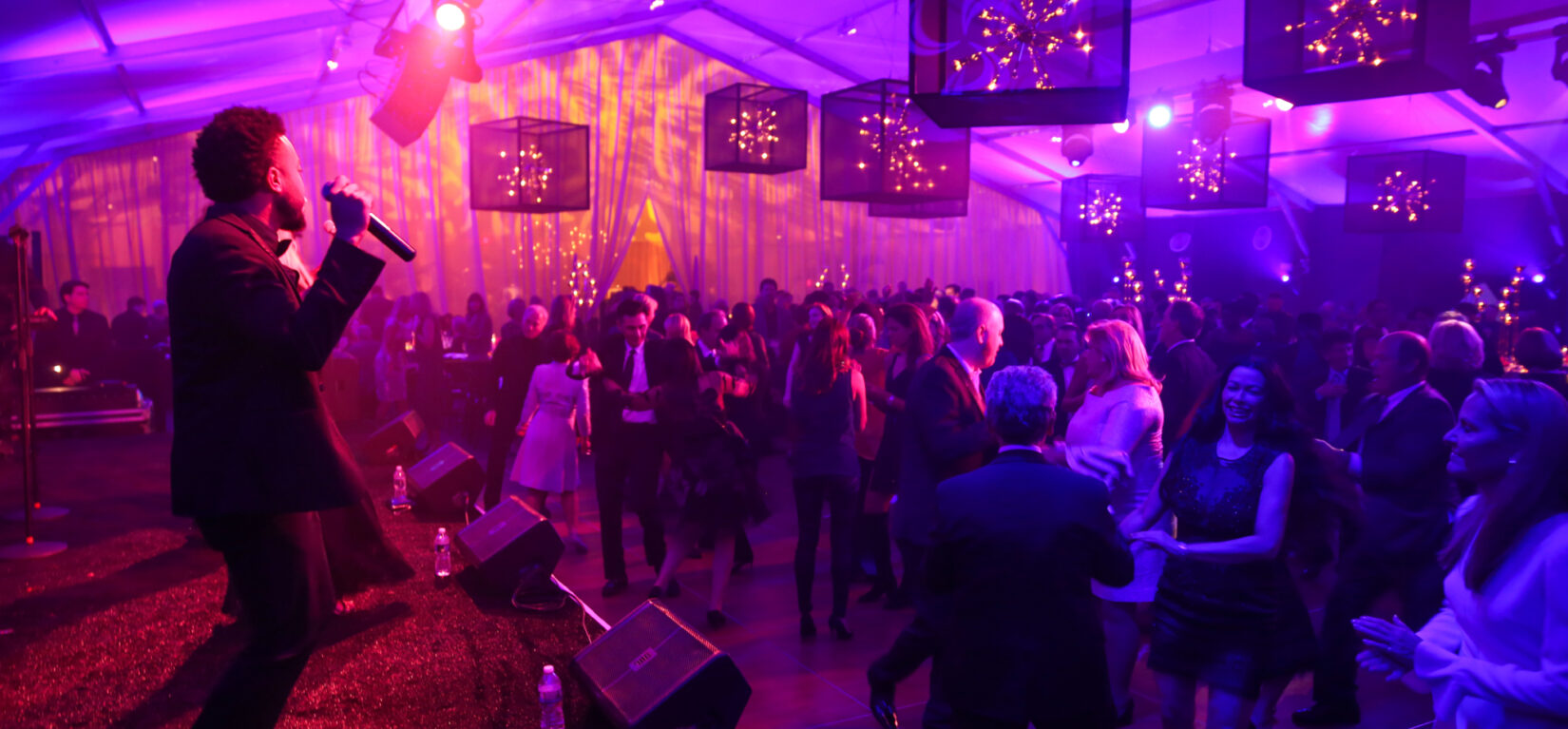 A crowd dances in a tent to a performance on stage