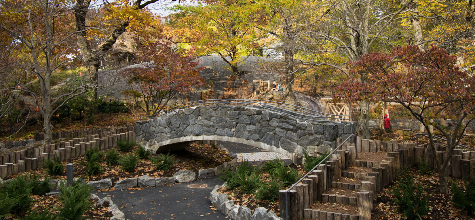 Fall foliage highlights the rustic theme of the playground