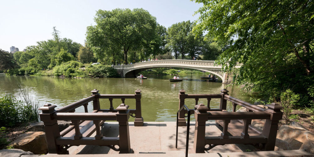 The view across the landing to Bow Bridge across the Lake.