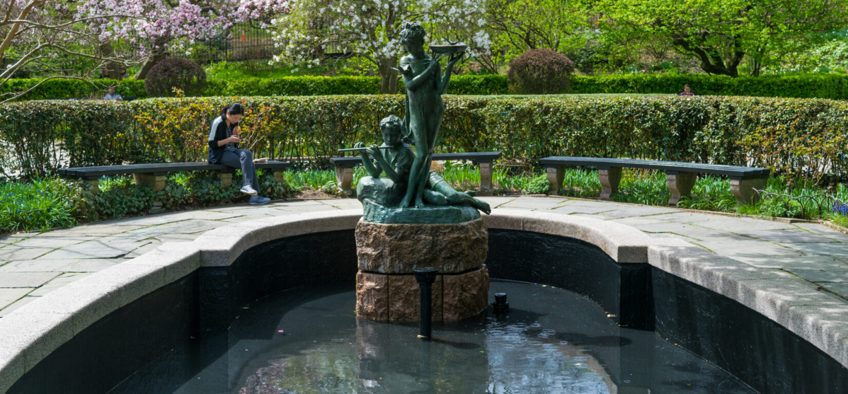 Benches provide a restful view of the fountain