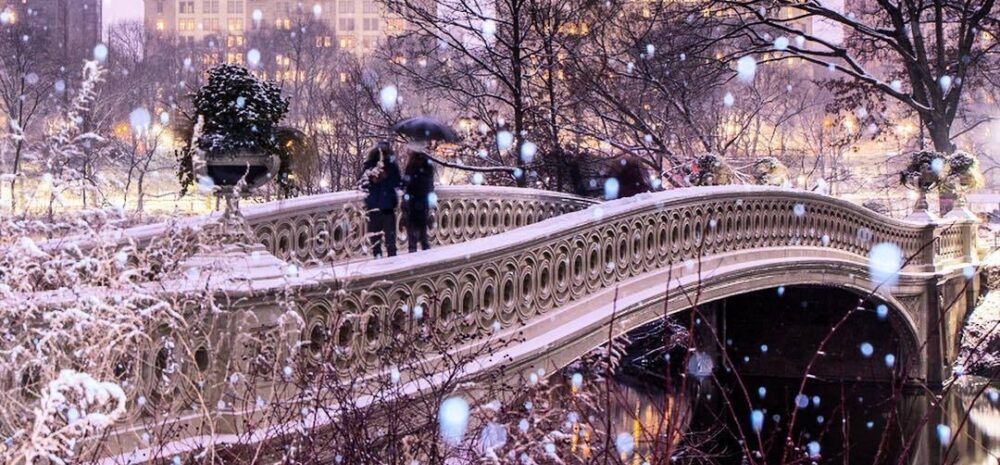 Bow Bridge during a snowfall