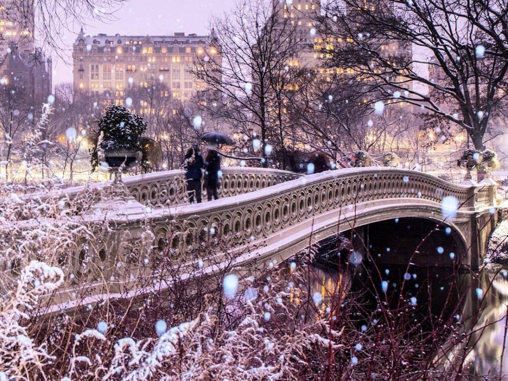 Bow Bridge during a snowfall