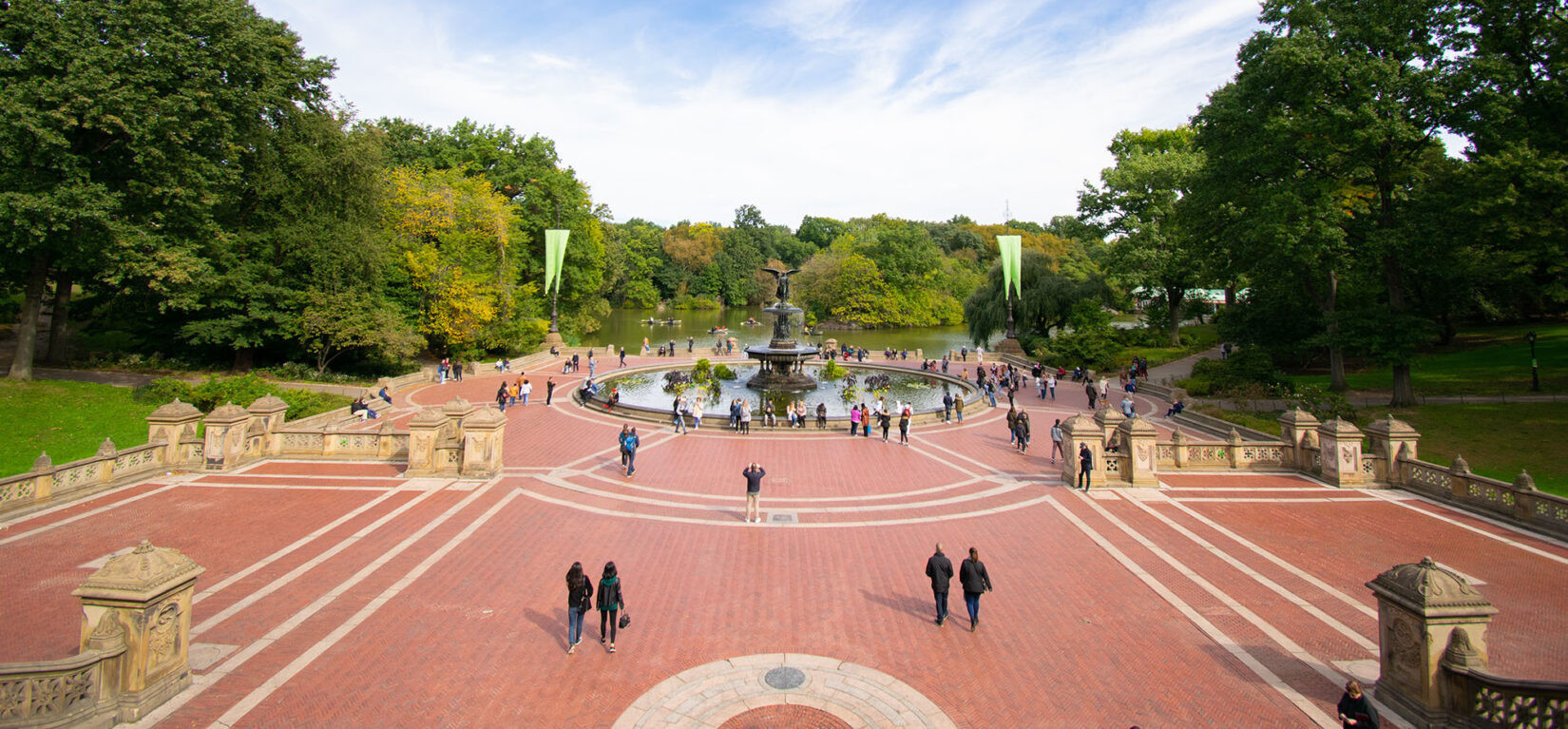 A wide-angle photograph of Bethesda Terrace taken from above