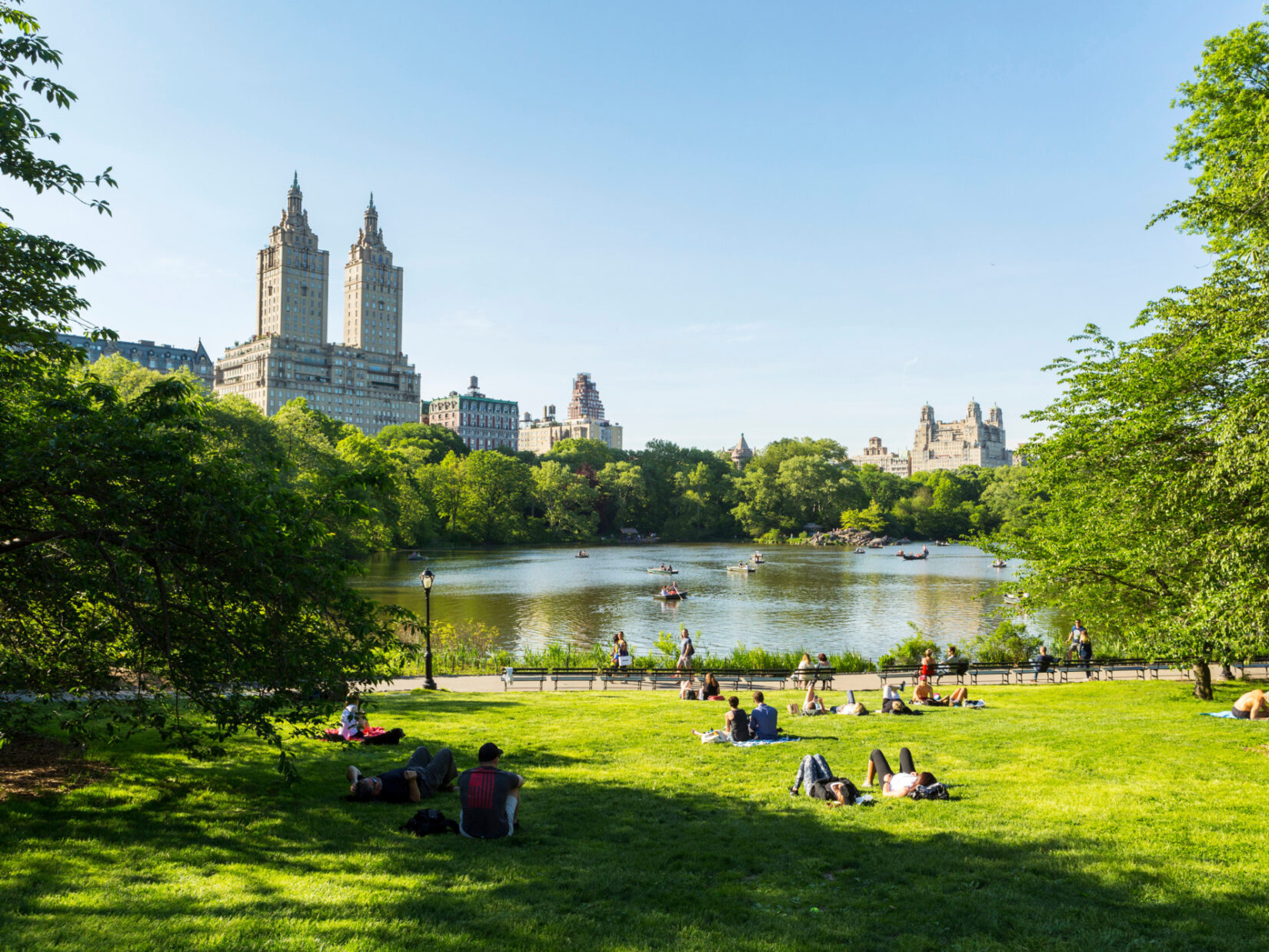 The view from Cherry Hill across the lake with the skyline of Central Park West in the background