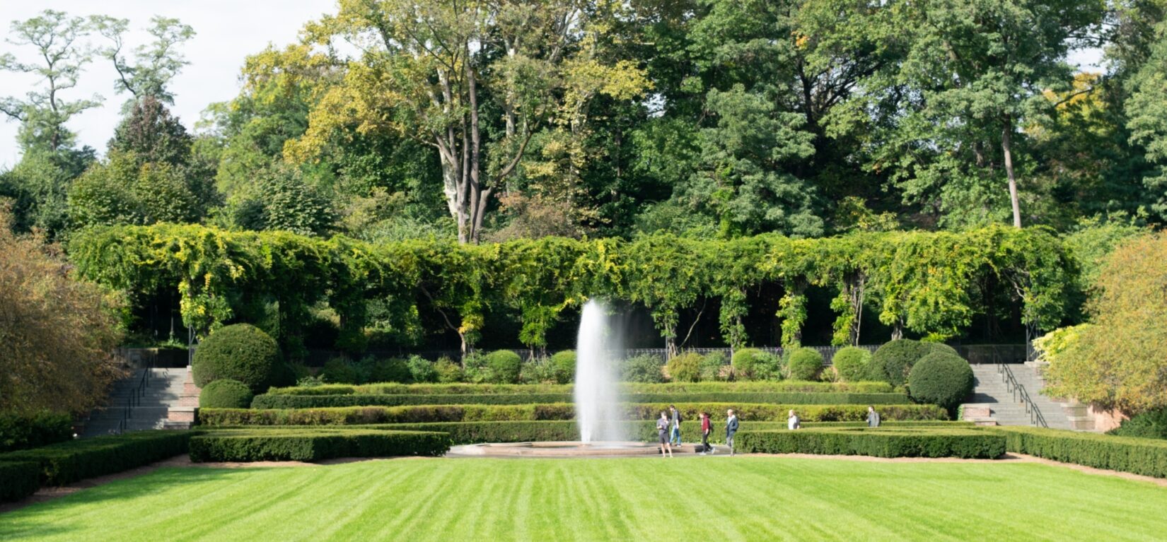 A symmetric view of the garden, the fountain, and the pergola in the background