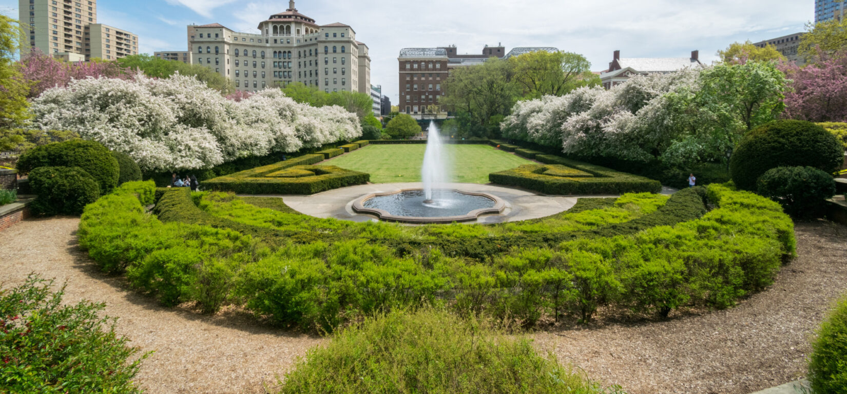 A fish-eye view of Conservatory Garden looking east toward 5th Avenue