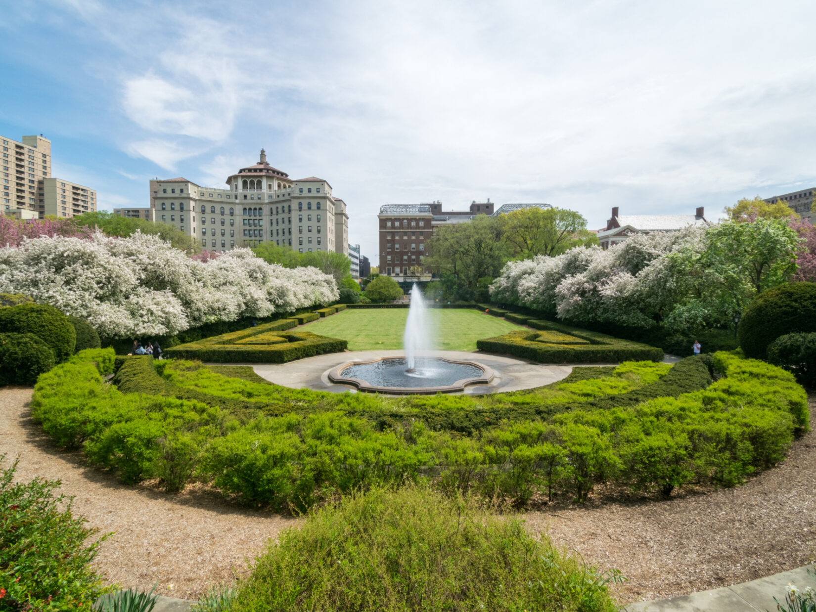 A fish-eye view of Conservatory Garden looking east toward 5th Avenue