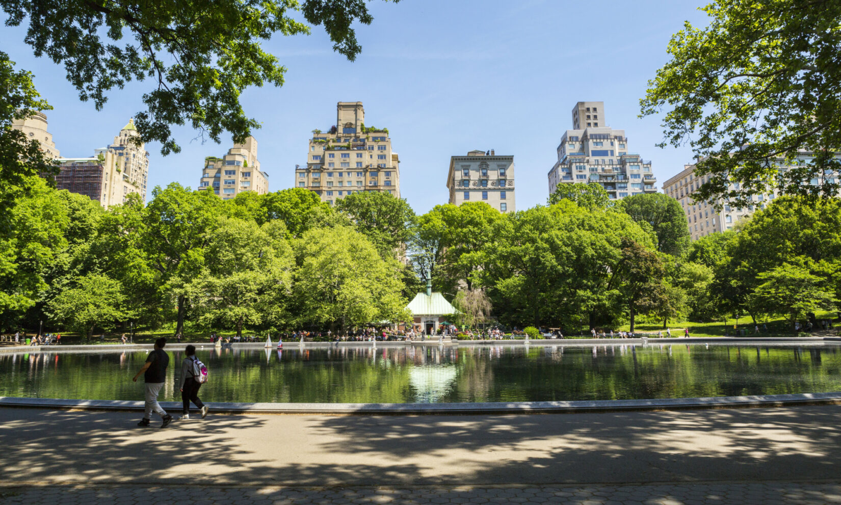 Looking across the water to the boathouse and trees on the far side and the buildings of Fifth Avenue behind them.