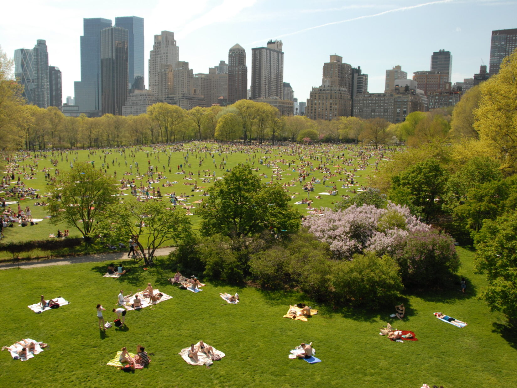 Visitors enjoying the sunshine dot the Sheep Meadow landscape