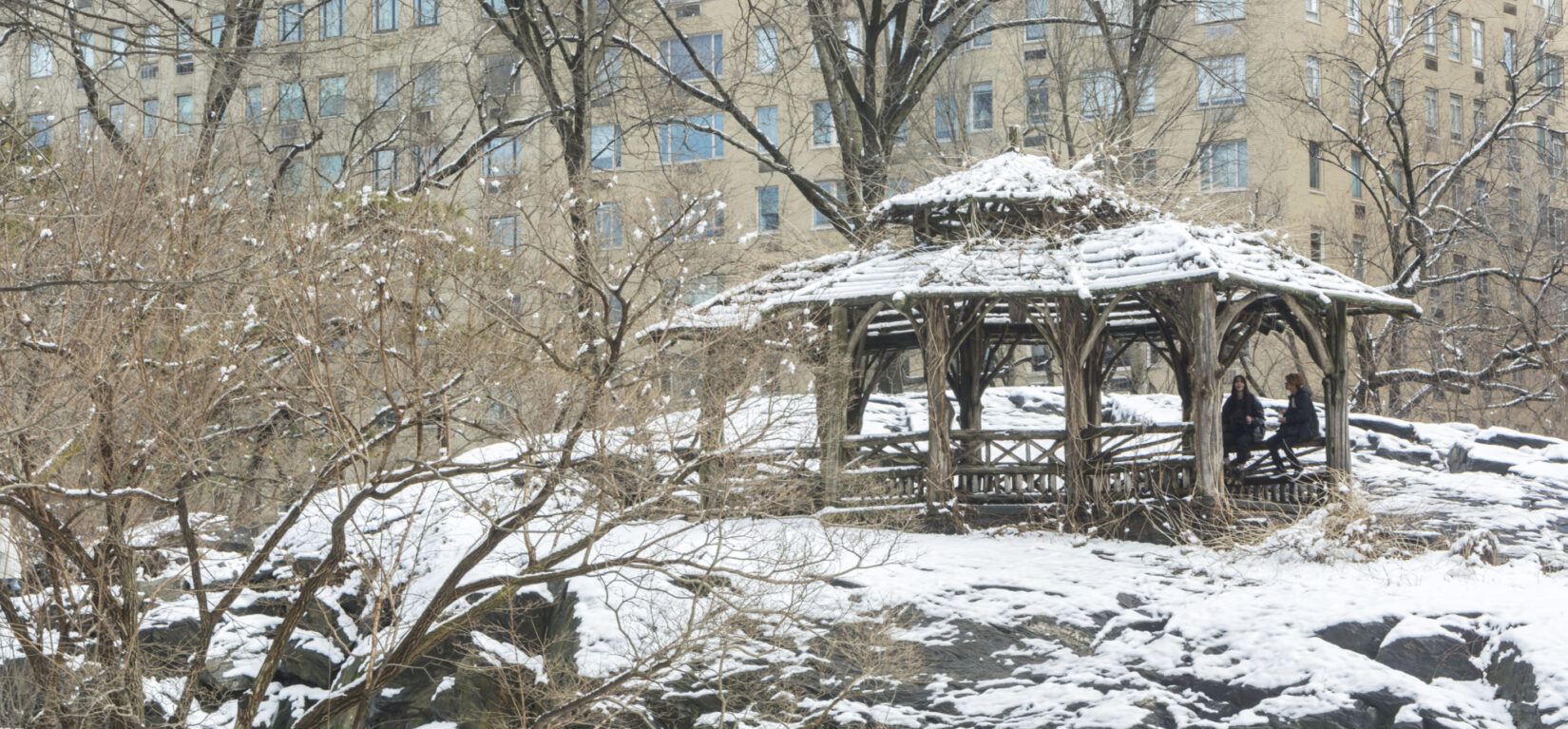 The Shelter is pictured dusted with snow with two parkgoers enjoying its shelter