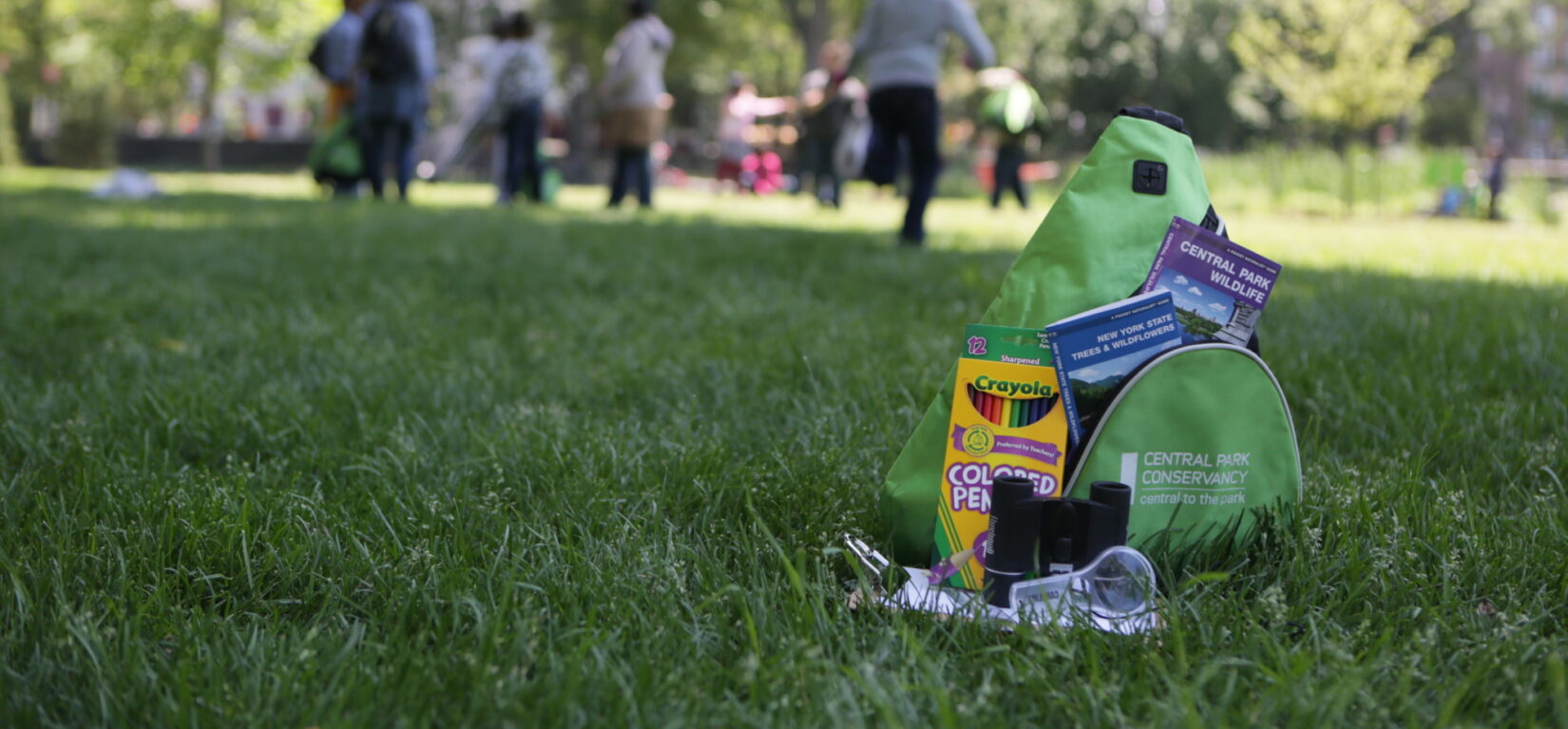 A Discovery Kit with crayons, binoculars, and other goodies, pictured on a lawn in summer