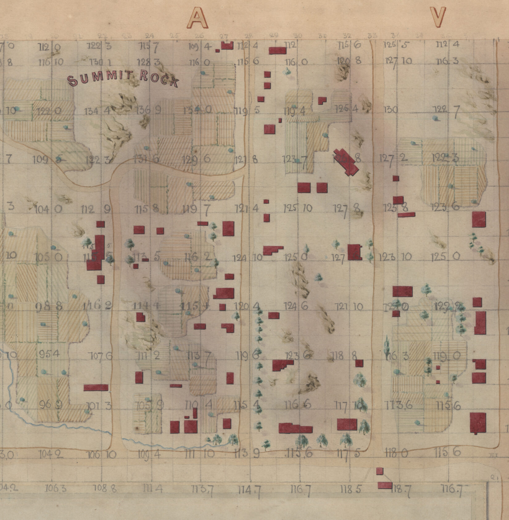 The map is an engraving, slightly discolored by age, with homes shown in red