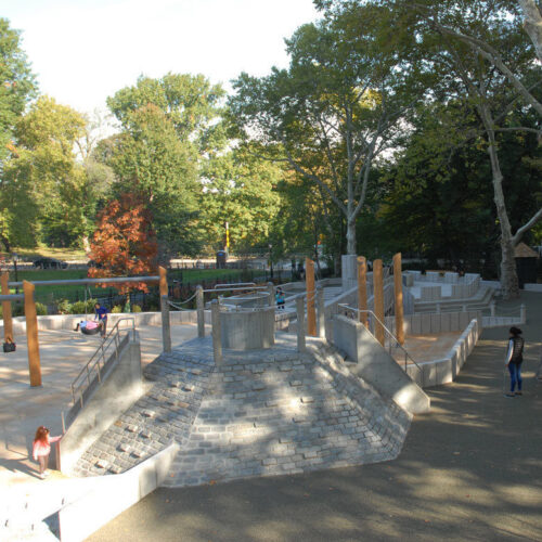 Sun-dappled light fills the playground