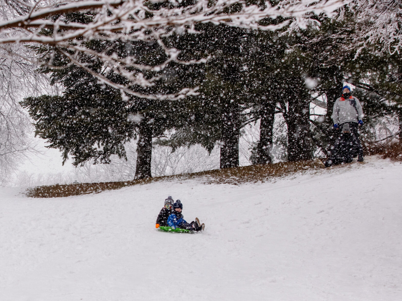 Two small children sled down a snowy landscape together, with snow-covered evergreen trees in the background.