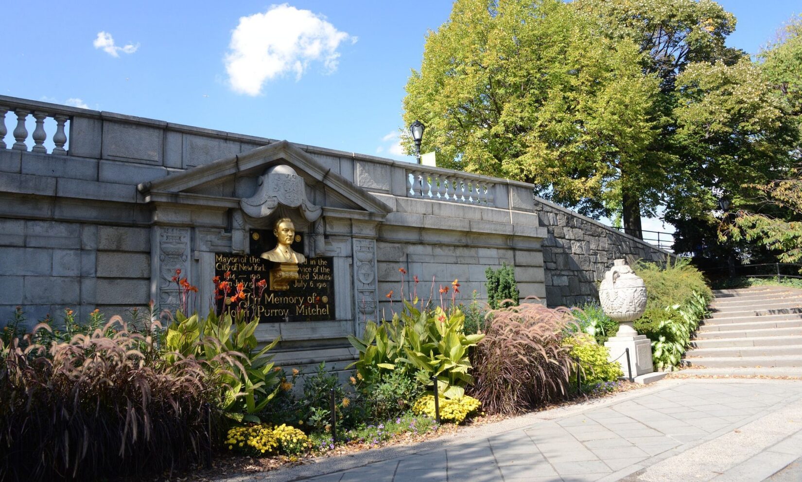 A view of the memorial looking north, under a blue summer sky.