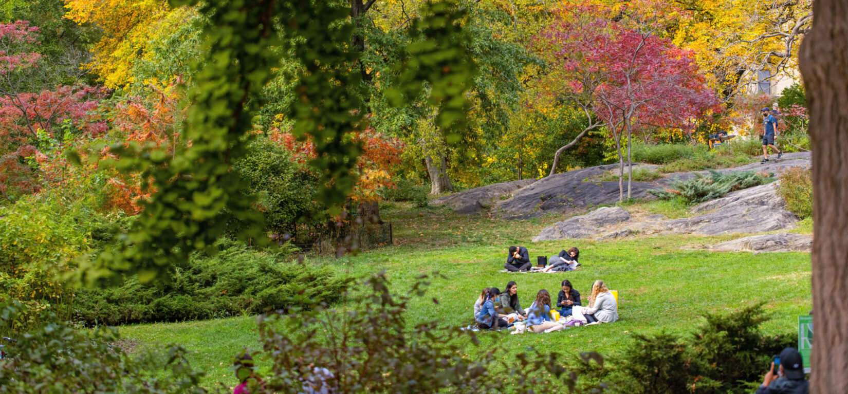 Friends relaxing in the park, surrounded by fall foliage