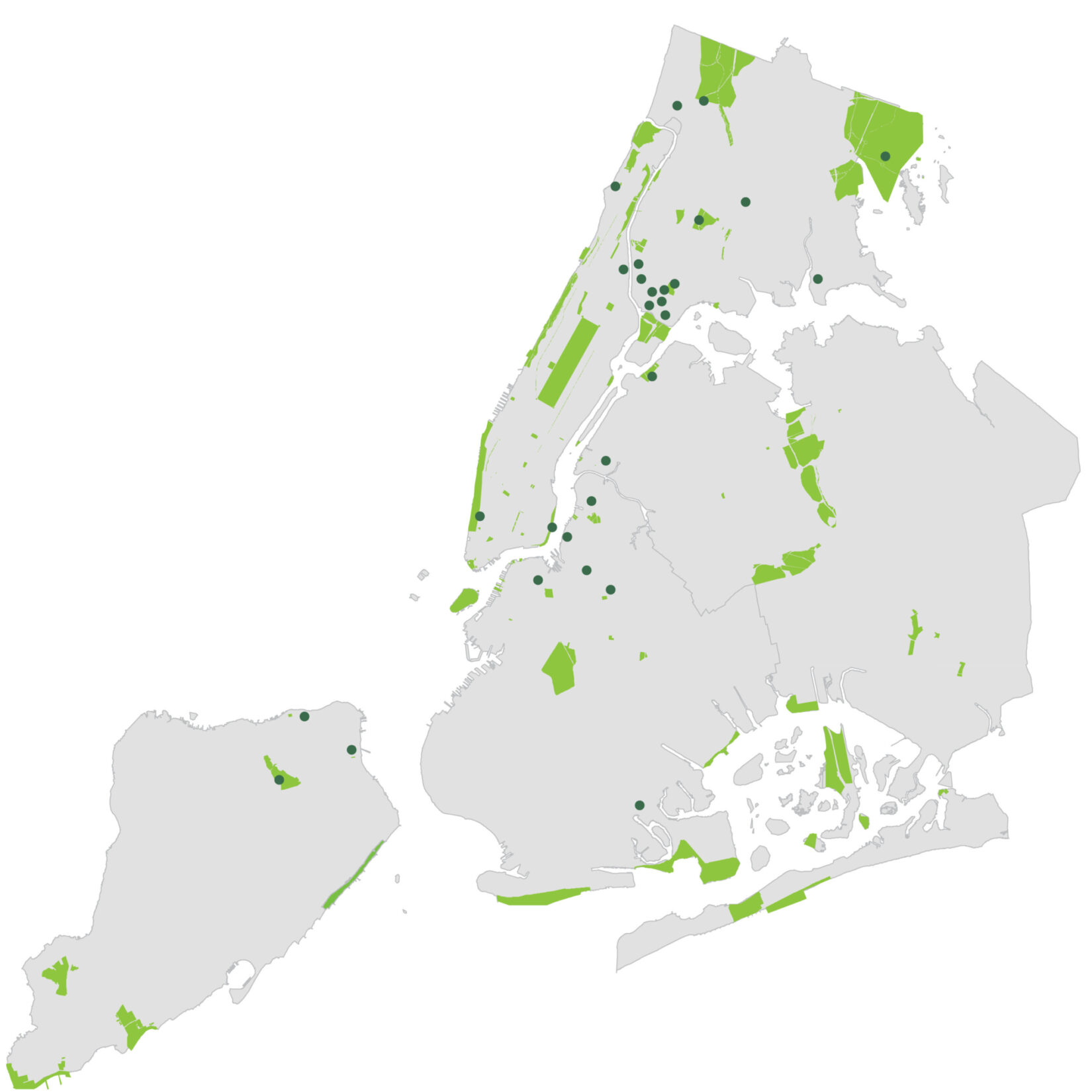 A map showing the Parks that the Central Park Conservancy has worked in as part of the Five Borough Program.