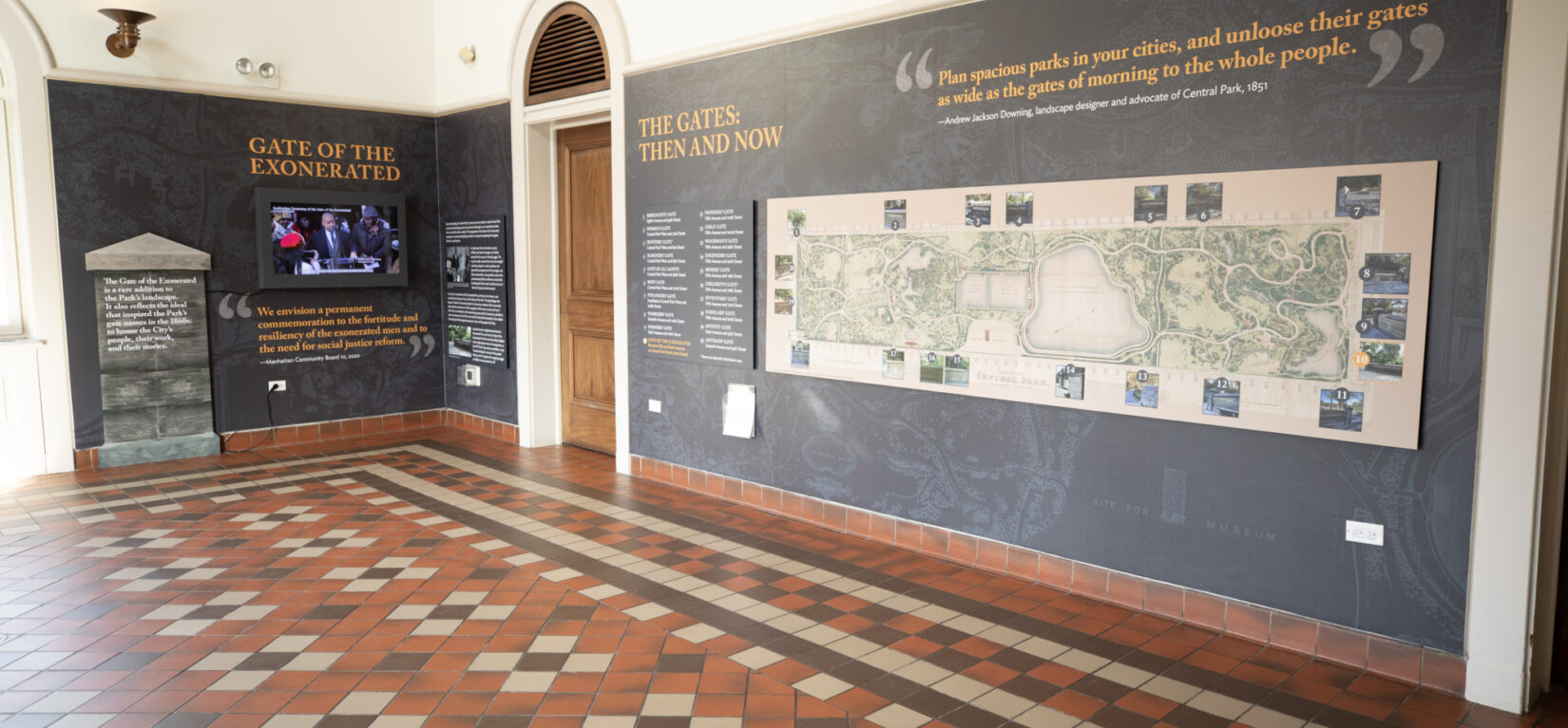 View of the Gate of the Exonerated exhibition at Central Park