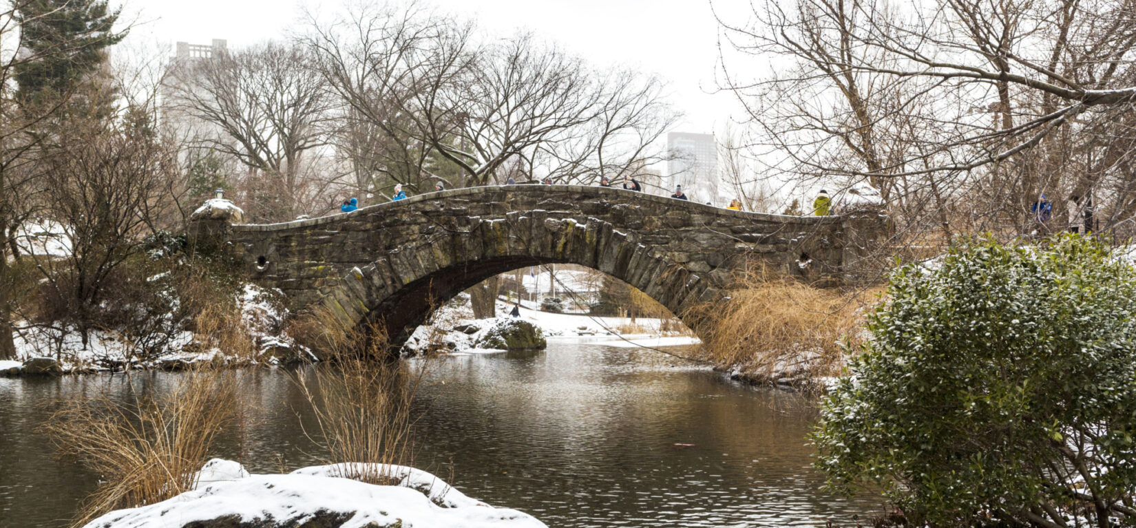 Gapstow Bridge shown in winter spanning the Pond