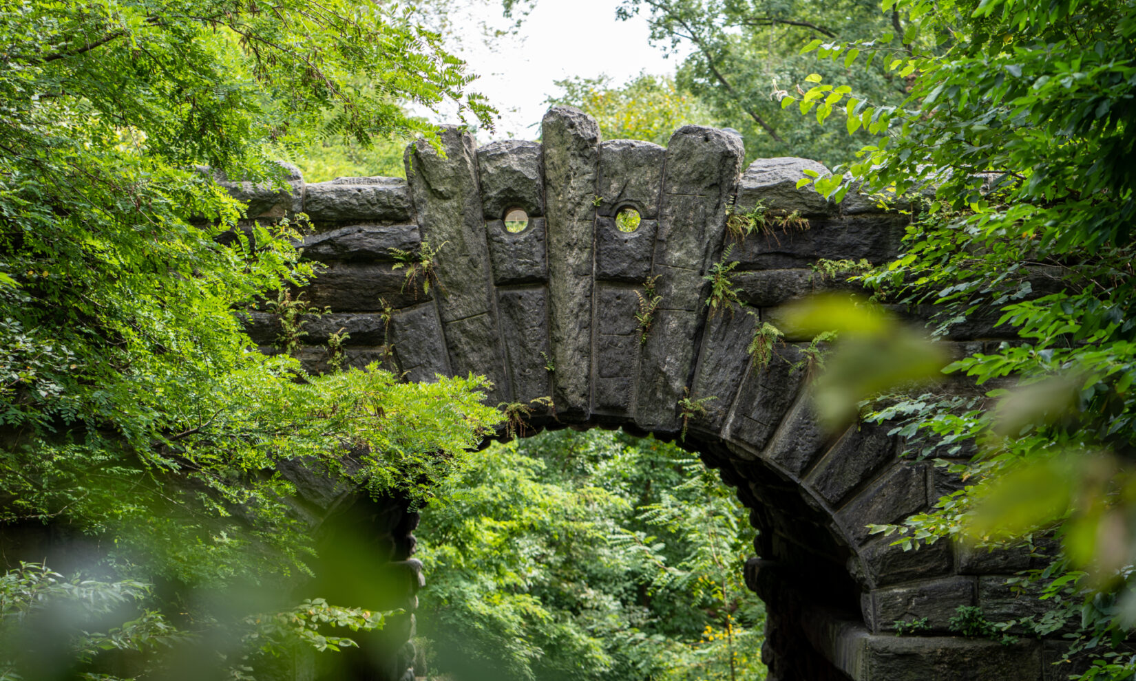 A detailed view of the masonry and keystones of the arch, surrounded by thick greenery.